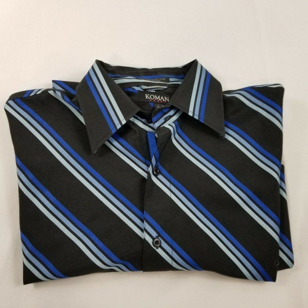 Koman Men's Sport Shirt Blue Stripe Long Sleeve Large